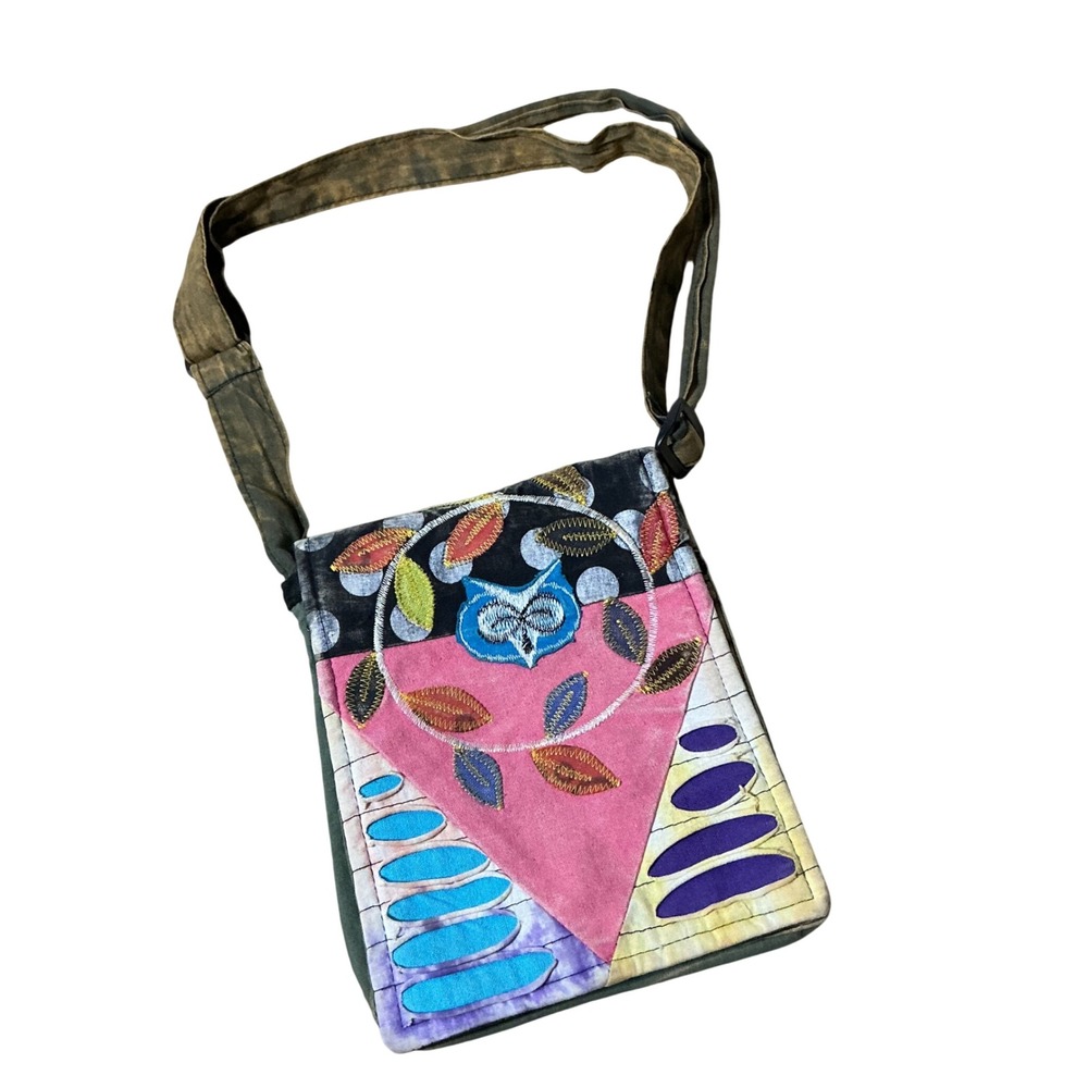 Handmade Nepal Cotton Patchwork Owl Messenger Bag Boho Crossbody Multi Color